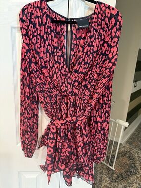Pink and Navy Leopard Print Long-Sleeve Flowy Wrap Romper